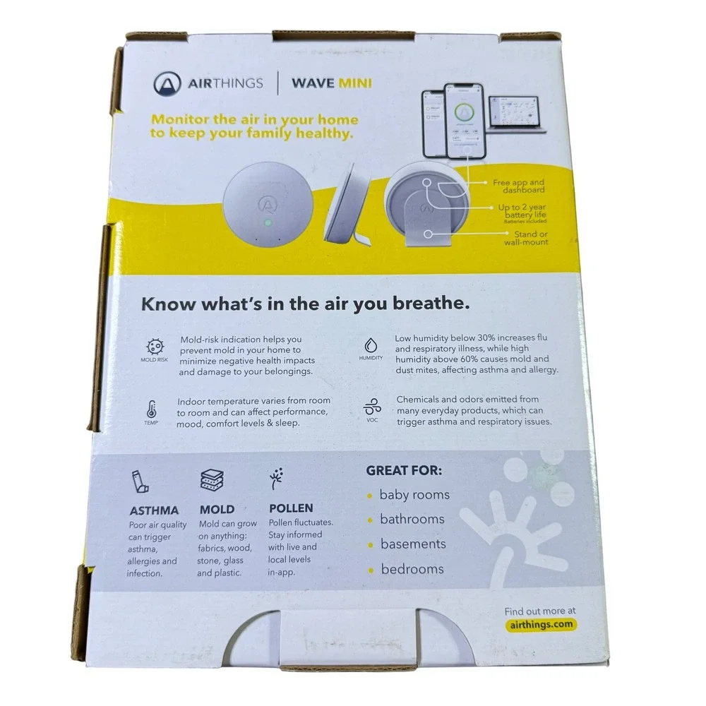 Airthings Wave Mini‎ Air Quality Monitor Prevent Asthma Allergy Mold Humidity
